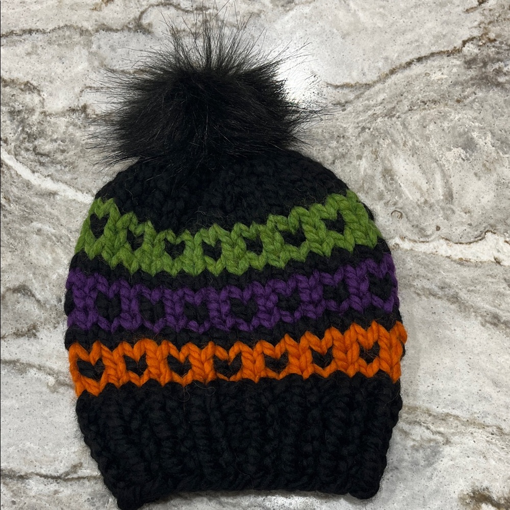 Kids' Black Knit Beanie with Green, Purple, and Orange Accents Fall Halloween